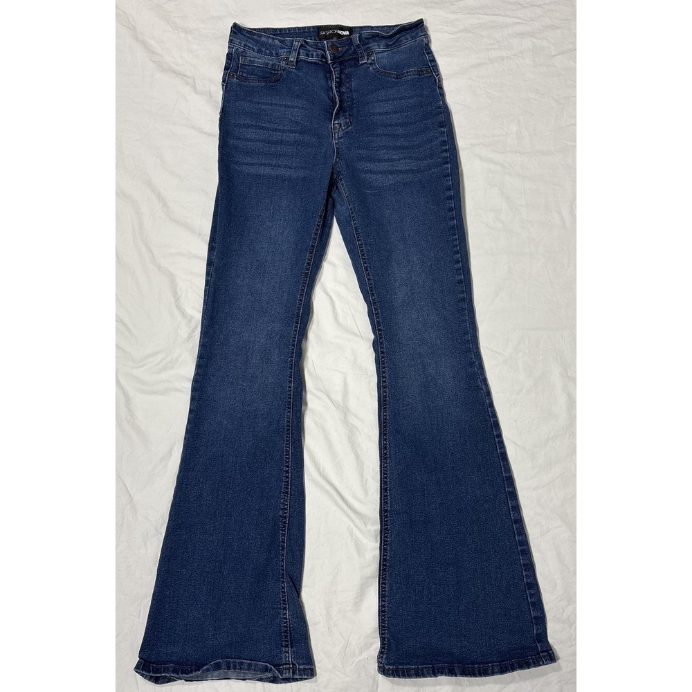 Fashion Nova Womens Flared Jeans Blue Dark Wash Denim Whisker Stretch 5 Pocket 7